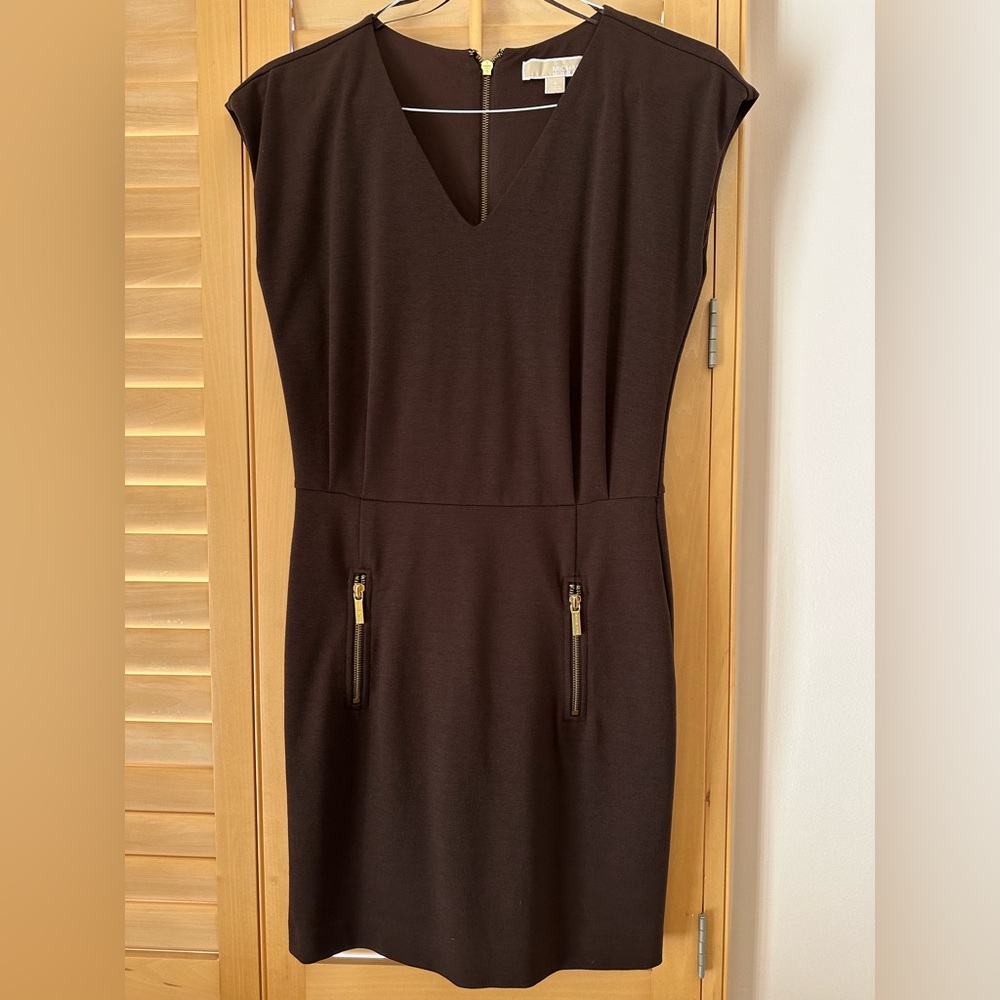 MICHAEL Michael Kors Brown Midi Dress with Gold Zipper Details